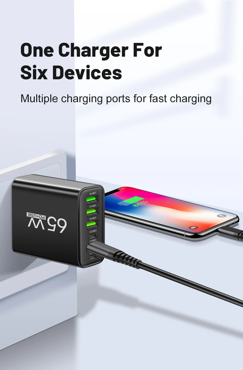 Cargador Pared Rápido USB-C 65W (6 Puertos) para iPhone 14/15 Pro Max, Samsung S23, Xiaomi 14