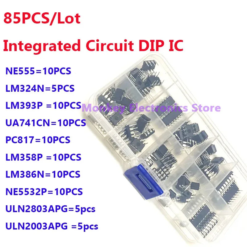 Kit Circuitos Integrados IC (DIP) NE555/LM324/LM358/ULN2803 (10 Tipos, Temporizador Precisión) DIY Electrónico (85 Piezas)