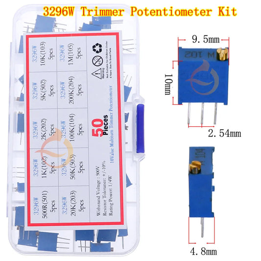 Kit Surtido Potenciómetros Trimmer Multivuelta (RM063/RM065, 3296W/X, etc.) 100Ω-1MΩ