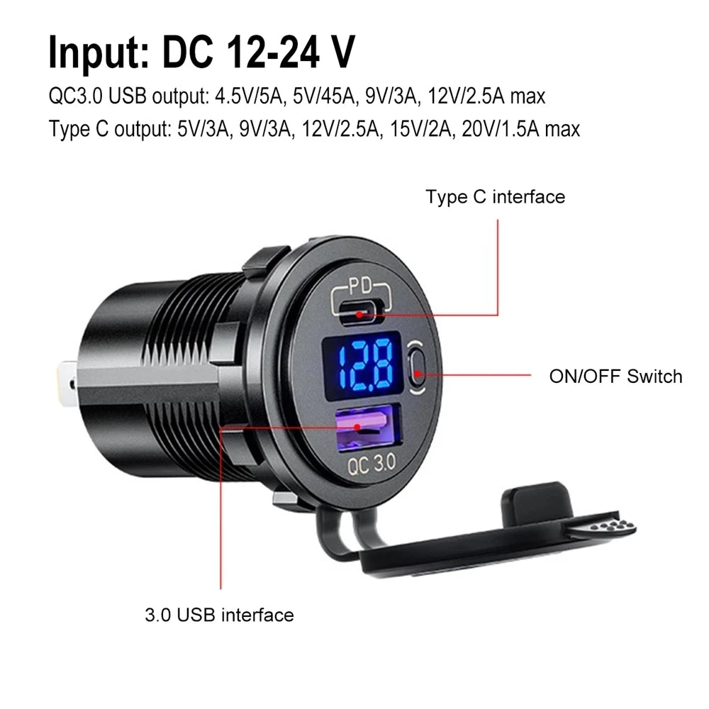 Cargador USB Auto/Camión PD 60W + QC 3.0 con Switch LED Voltímetro 12V/24V Carga Rápida