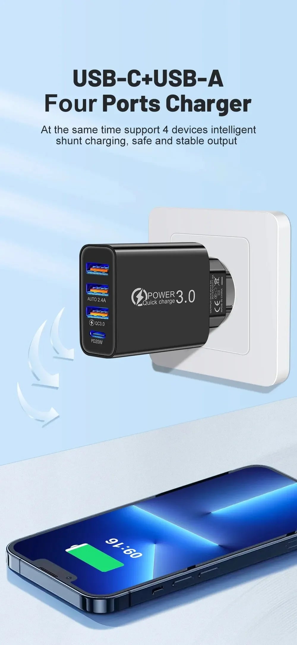 Cargador Pared Múltiple 4 Puertos USB (Total 60W) Carga Rápida PD Tipo C Adaptador Móvil para Xiaomi/iPhone 14/15/Samsung S24