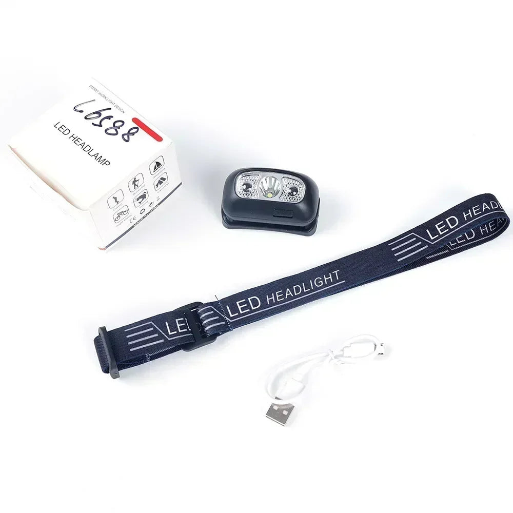 Linterna Frontal LED Portátil Luz Fuerte con Sensor (Recargable USB) para Camping Exterior/Pesca/Emergencia