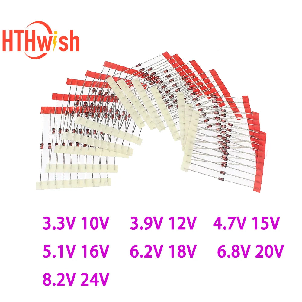 Kit Surtido Diodos Zener 1W (3.3V-24V, 14 Valores) Componentes Electrónicos DIY - Pack 140 Unidades