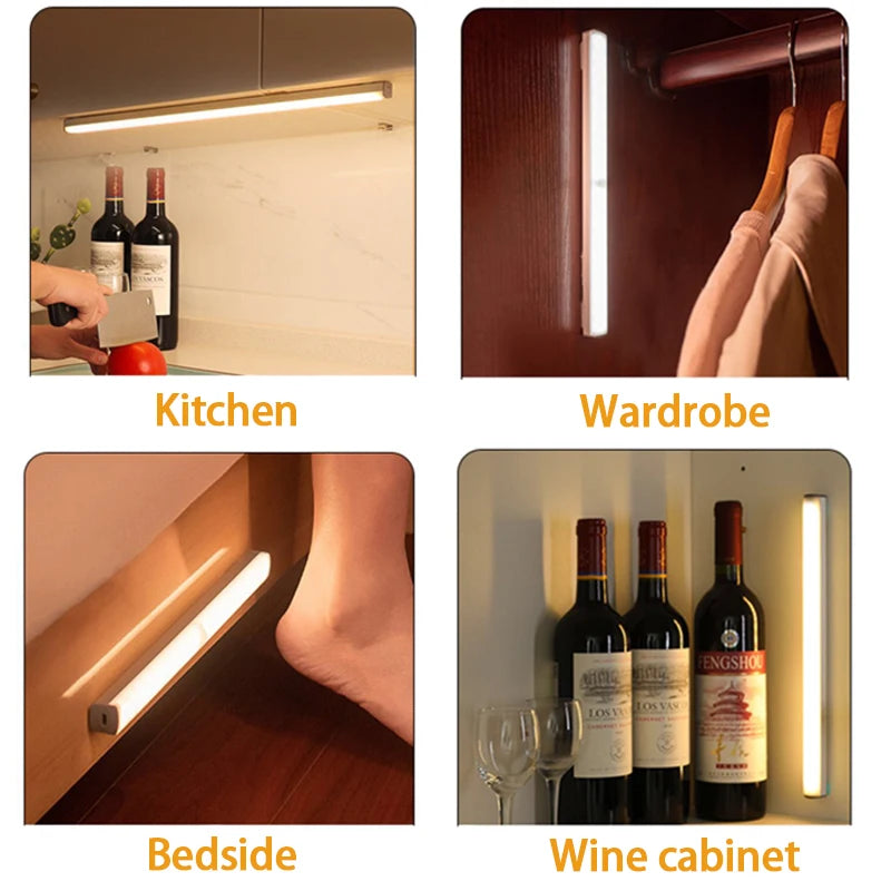 Luz Nocturna LED Inalámbrica con Sensor Movimiento (Recargable Tipo C) para Gabinete/Armario/Escalera/Cocina