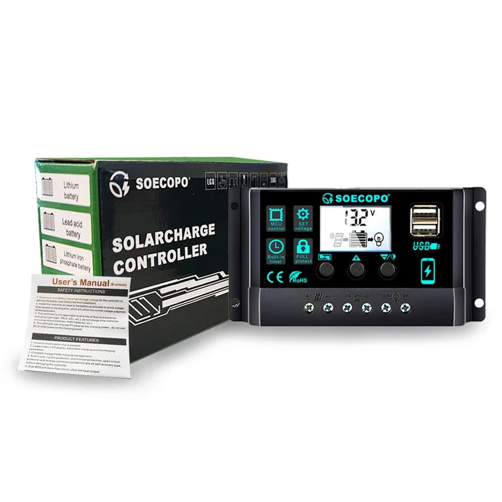 Controlador Carga Solar 100A 12V/24V AutoSwitch LCD Protección Sobrecarga/Cortocircuito para RV/Bote/Off-Grid