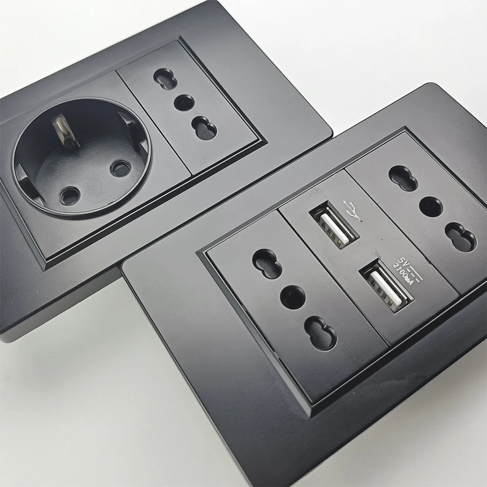 Enchufe Pared Delefu Italia/Chile PC Negro USB-C Carga Rápida + Schuko + Switch Smart Tuya WiFi + SAT/TV/TEL/Timbre