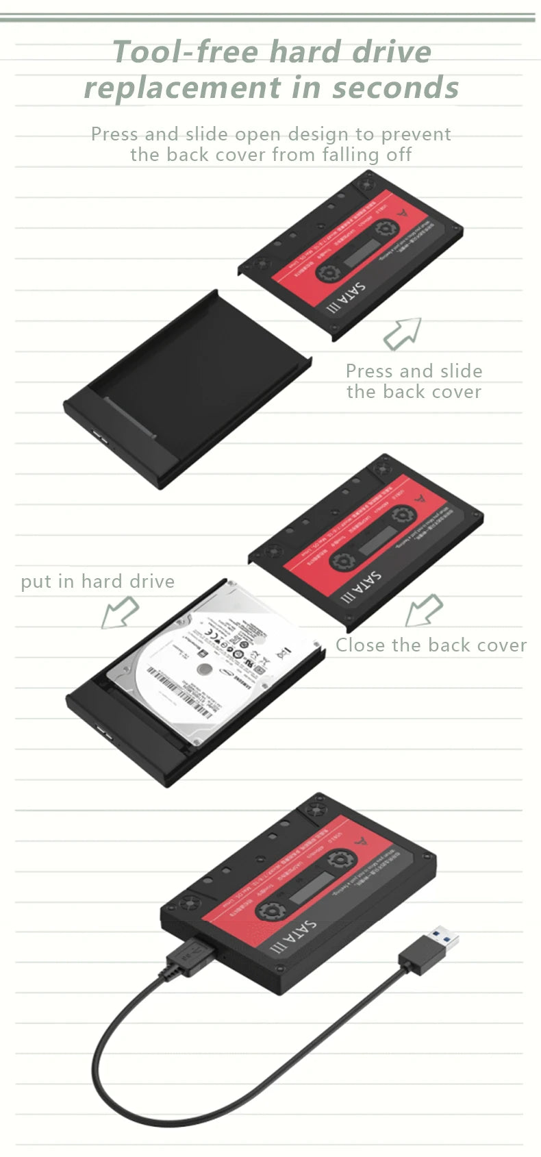 Carcasa Externa UTHAI T46 USB 3.0 SATA (5Gbps, UASP) para Disco Duro HDD/SSD 2.5" Cinta para PC/Notebook