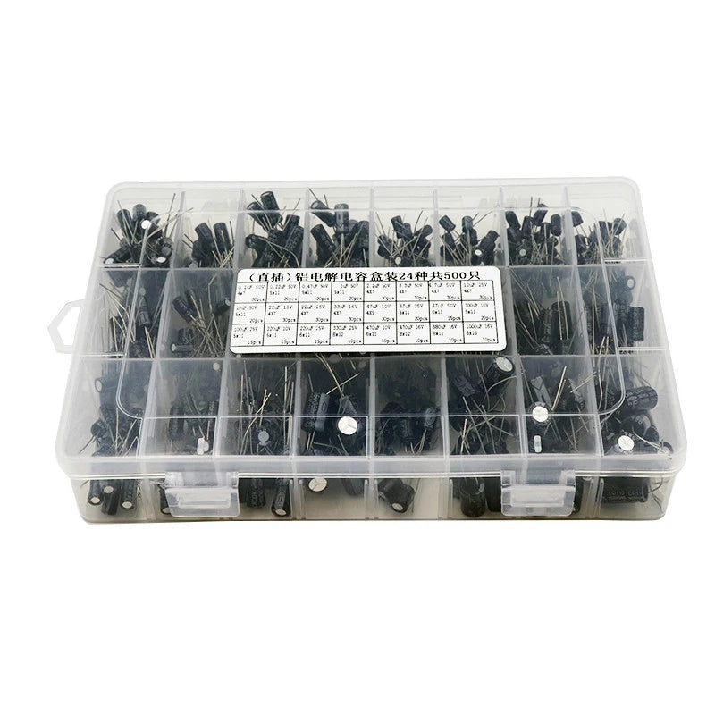 Kit Surtido Capacitores Electrolíticos Aluminio 24 Valores (0.1uF-1000uF, 10-50V) con Caja Almacenamiento (500 Piezas/Lote)