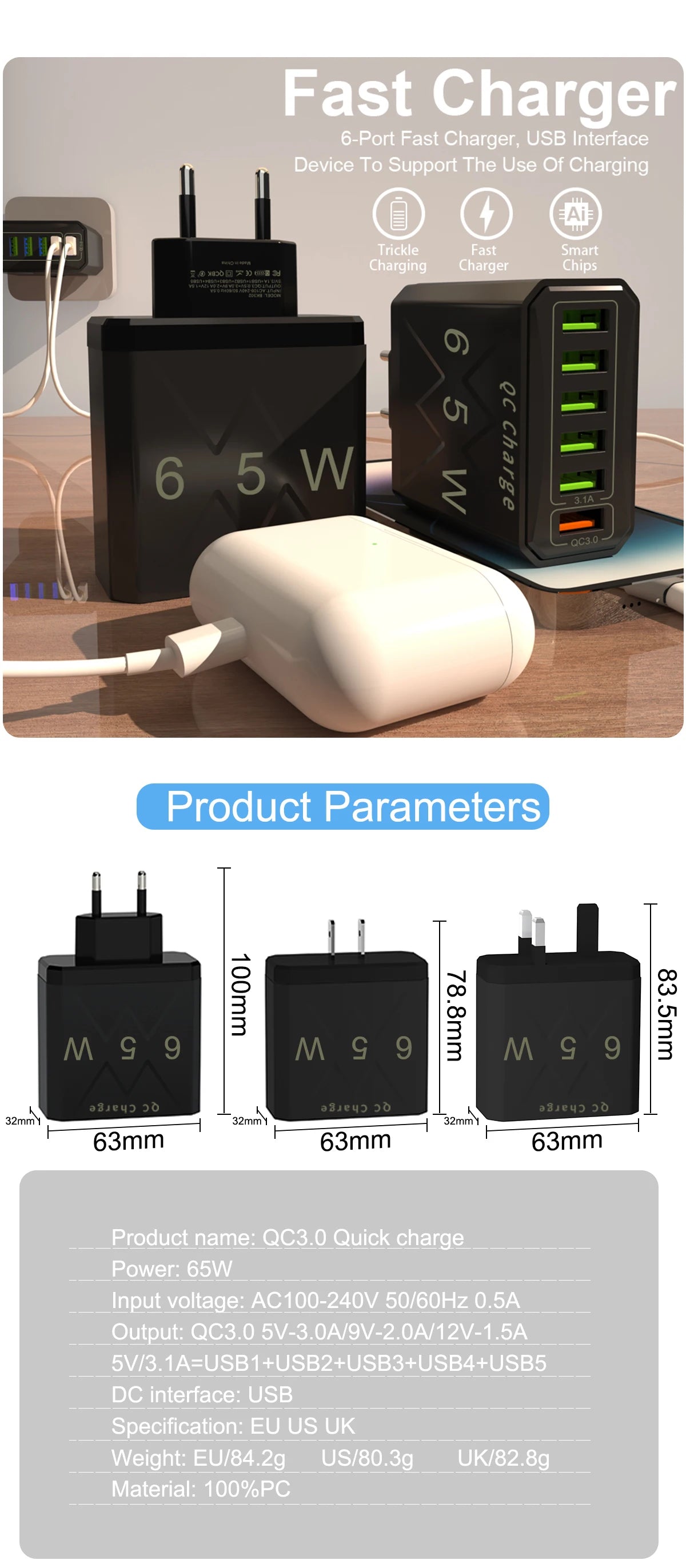 Adaptador Cargador Viaje Rápido USB 3.1A 6 en 1 Multi-Enchufe QC3.0 para iPhone 12/13/Samsung/Xiaomi
