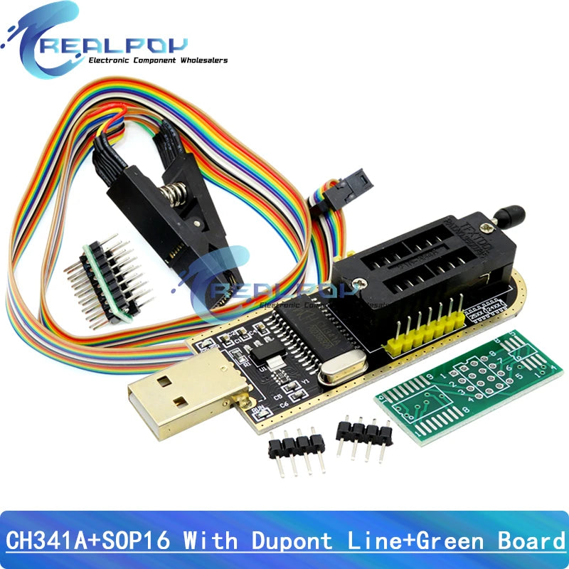 Kit Programador USB CH341A 24/25 Series EEPROM Flash BIOS + Clip Test SOP16/SOIC16 para RT809F/TL866