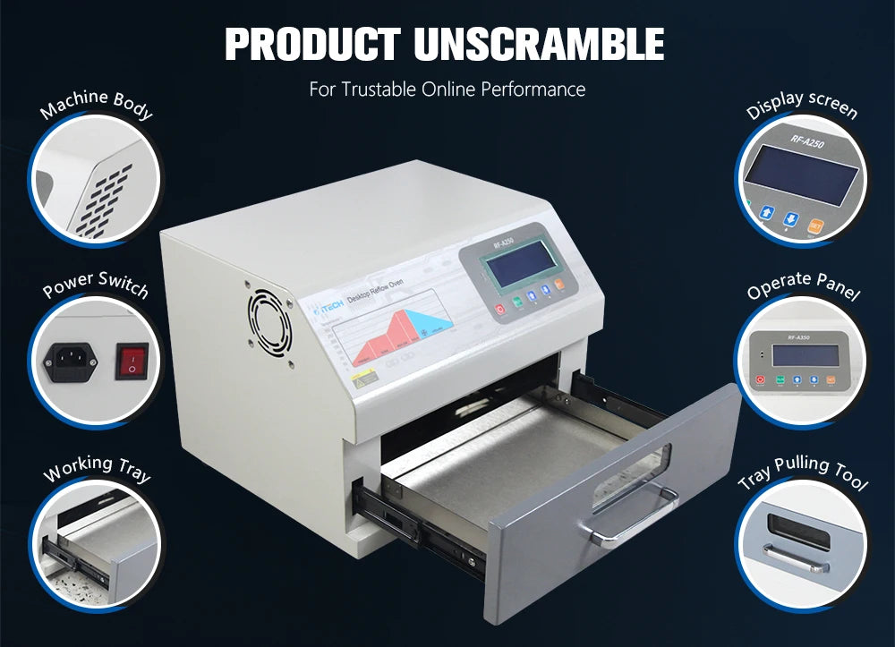 Horno de Reflow Soldadura BGA RF-200A (800W) por Infrarrojos y Aire Caliente para SMD/SMT Rework