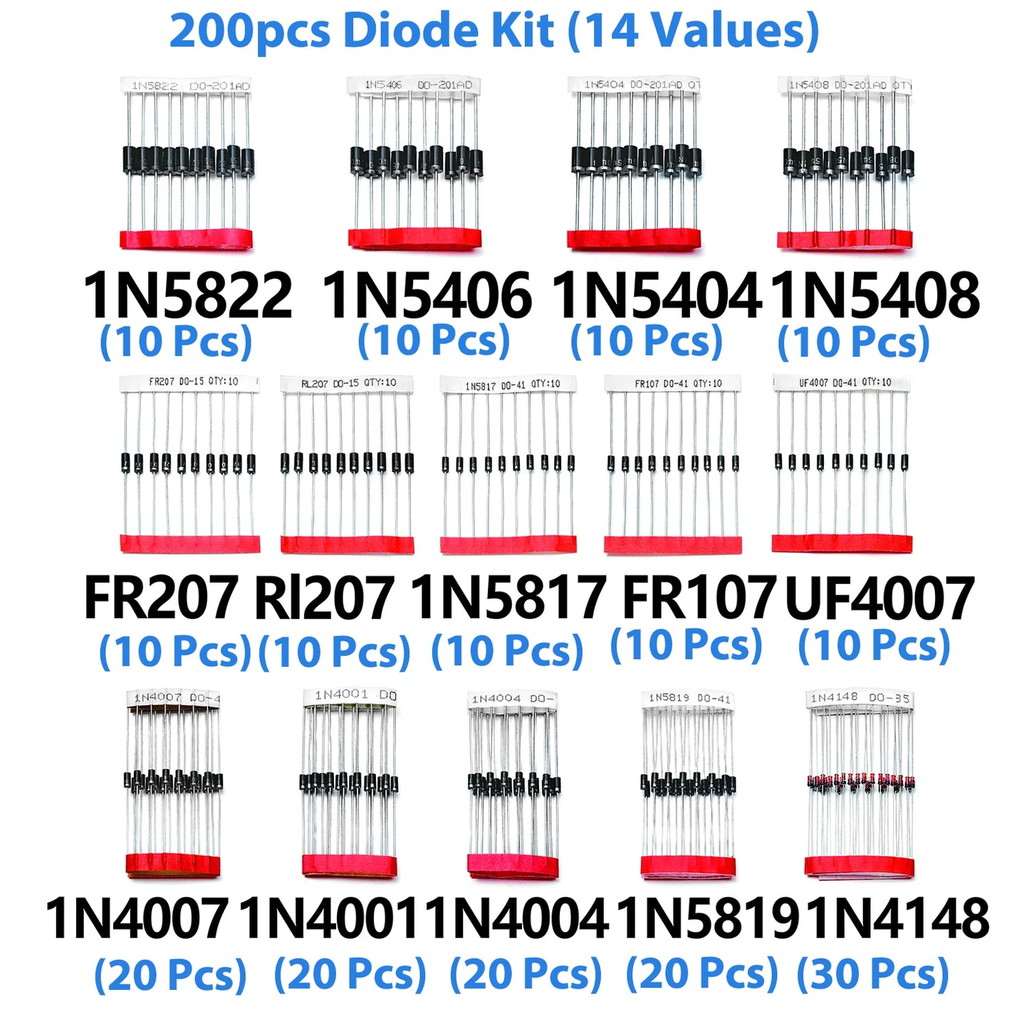 Kit Surtido Diodos THT (Rectificador/Schottky/Switching) - 14 Valores (1N400x, 1N58xx, FRxxx, etc.)