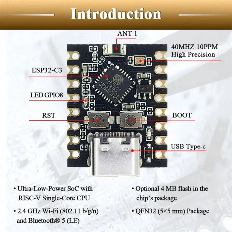 Placa Desarrollo ESP32-C3 SuperMini WiFi Bluetooth para Arduino (1-10 Unidades)