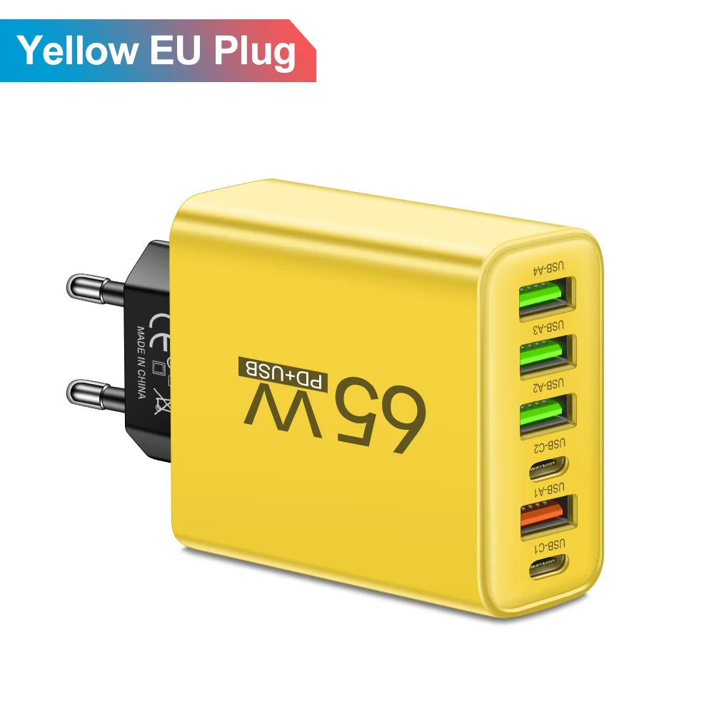 Cargador Pared Rápido USB-C 65W (6 Puertos) para iPhone 14/15 Pro Max, Samsung S23, Xiaomi 14