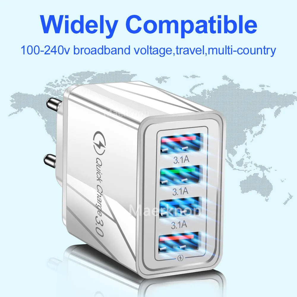 Cargador Pared USB 4 Puertos Quick Charge 3.0 Carga Rápida para iPhone 15/14/Samsung/Xiaomi (Enchufe EU/US)