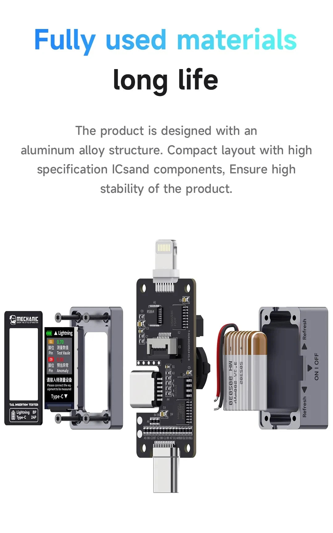Tester Precisión Inserción Trasera Mechanic T-824 - Corriente y Potencia Digital (Tipo-C/Lightning)