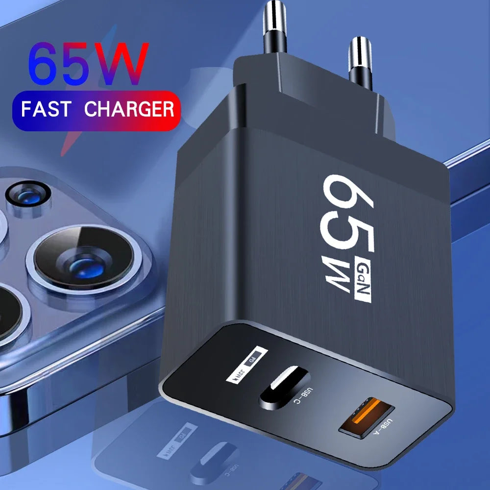 Cargador Pared USB PD GaN 65W Doble Puerto (Tipo C + USB QC3.0) Adaptador Carga Rápida Móvil para iPhone/Samsung/Xiaomi