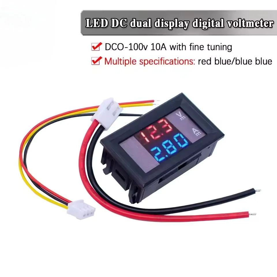 Medidor Panel Digital Voltímetro Amperímetro DC 0-100V 10A Display Dual LED Rojo/Azul 0.28"