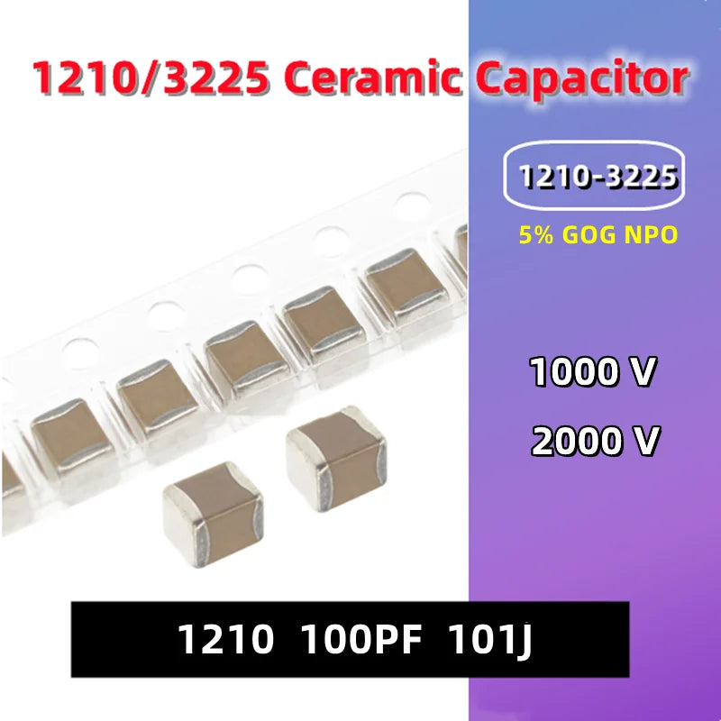 Capacitor Cerámico Alto Voltaje SMD 1210 (100pF 101J 5%, 1kV/2kV, COG/NPO) MLCC - Pack 10 Unidades