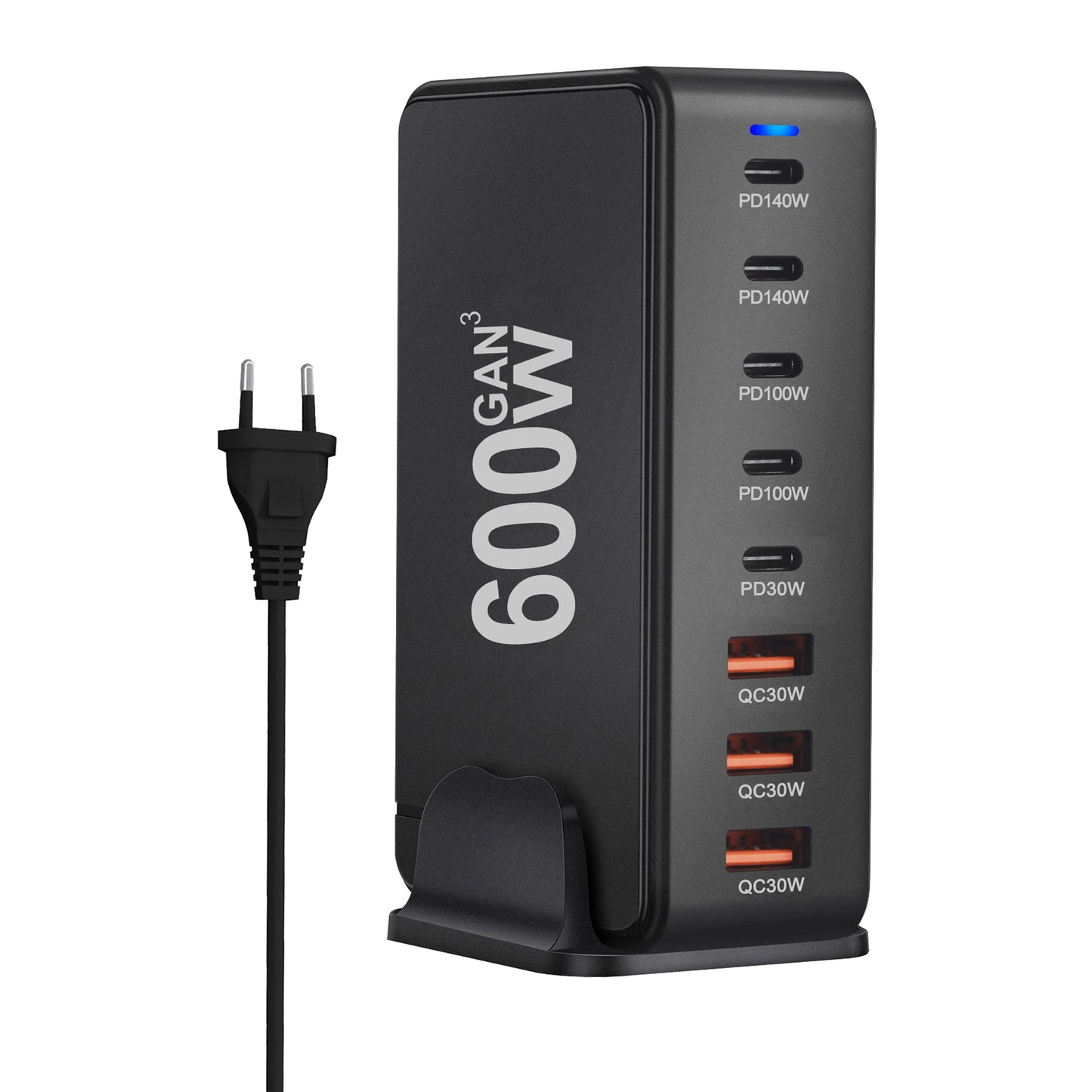 Cargador GaN Rápido 600W 8 Puertos (5 USB-C PD + 3 USB-A QC 3.0?) Portátil para Móvil/Tablet