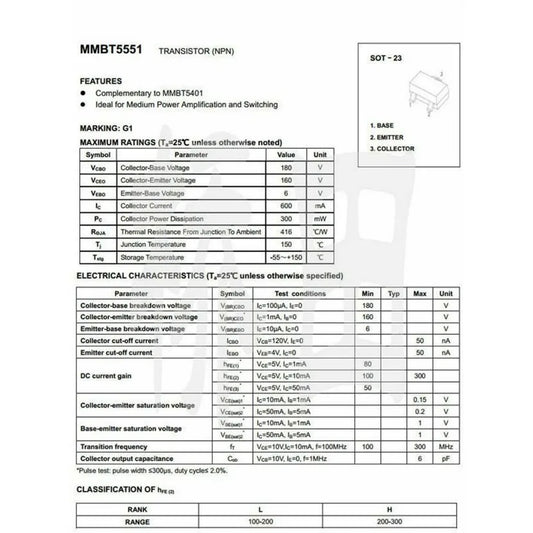 Transistor NPN MMBT5551 (G1) SMD SOT-23 180V 0.6A - Lote 100 Piezas