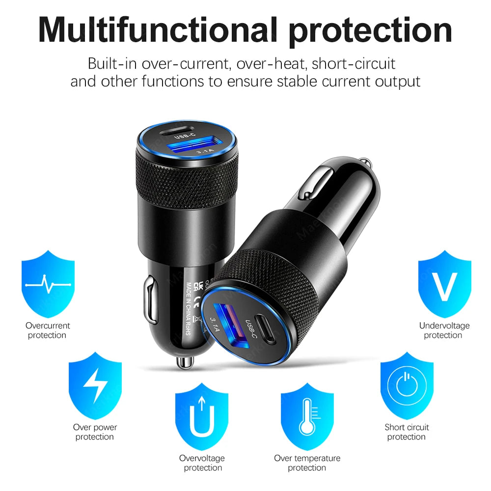 Cargador Auto USB 80W PD Tipo-C Carga Rápida Adaptador para iPhone 14/13/12 Pro/Xiaomi/Huawei/Samsung QC3.0