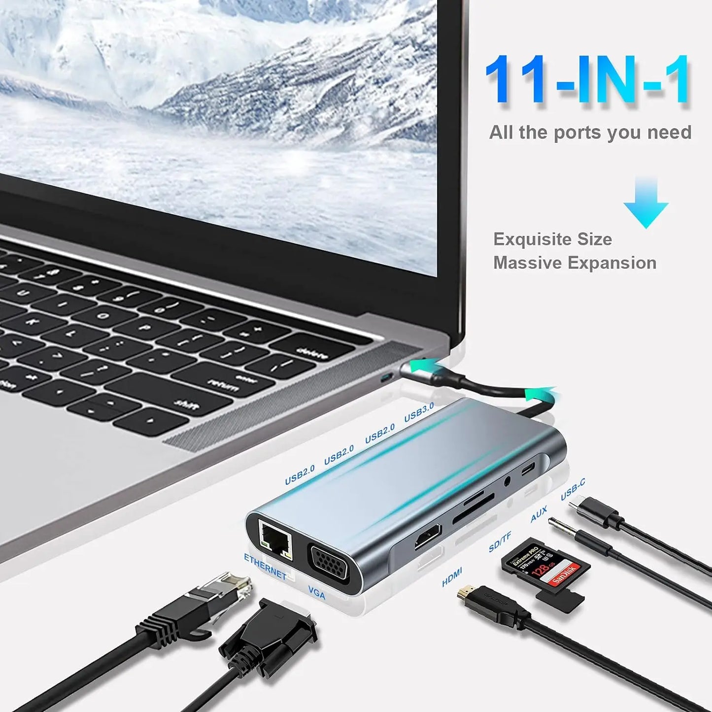 Hub Adaptador Dongle USB-C con HDMI 4K, VGA, PD, RJ45, Lector Tarjetas SD/TF para MacBook Pro/Air M1, iPad