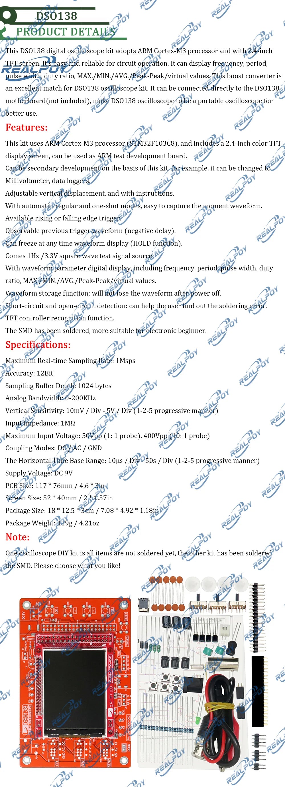 Kit DIY Osciloscopio Digital DSO138 con Pantalla TFT 2.4" y Carcasa Acrílica para Arduino