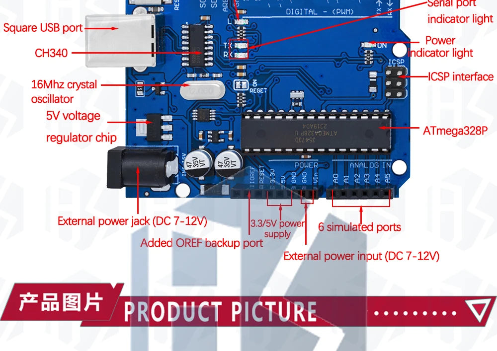 Placa Desarrollo Arduino UNO R3 (Oficial Certificada, ATMEGA16U2 + MEGA328P) con Cable USB Tipo A a B
