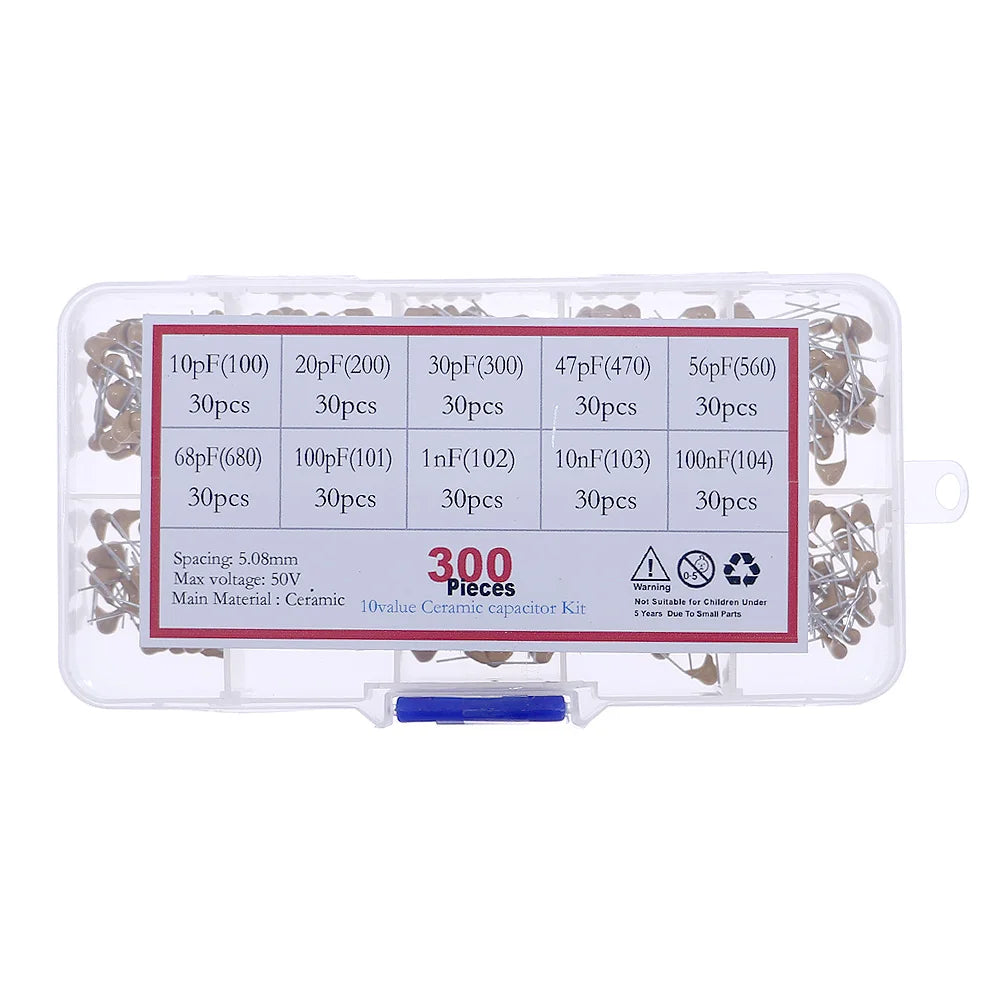 Kit Surtido Capacitor Cerámico Monolítico (10pF-100nF, 50V, 10 Valores) con Caja - Pack 300 Piezas