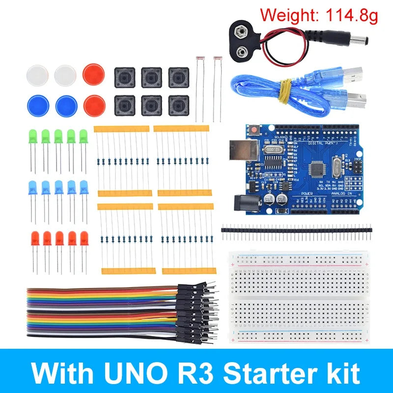 Kit Inicio TZT para Arduino UNO R3 (Mini Protoboard, LED, Cables Jumper, Botón) para Educación Escolar/Laboratorio