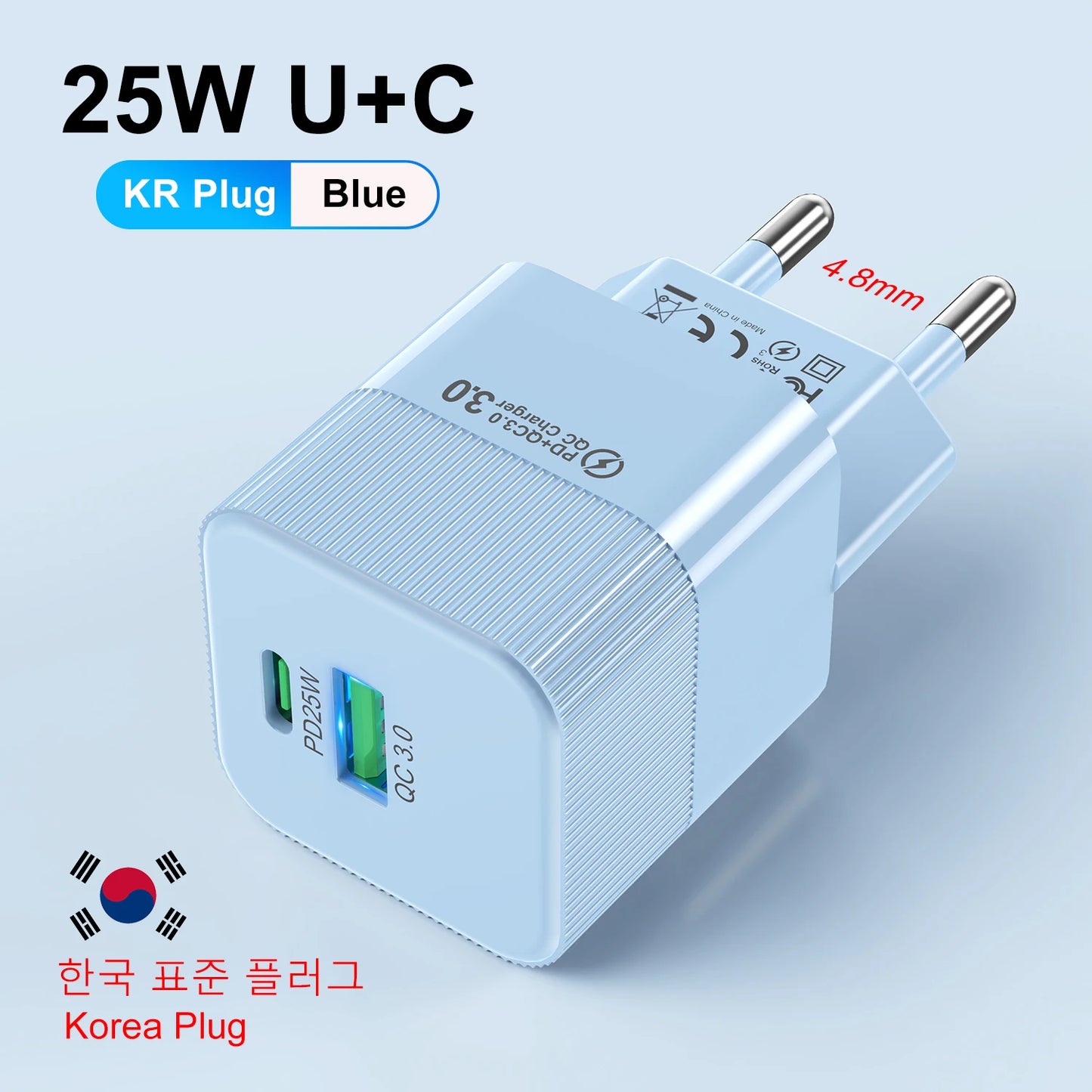 Cargador Pared Rápido PD 25W USB Tipo C (Enchufe Coreano KR) para iPhone 15 Pro Max
