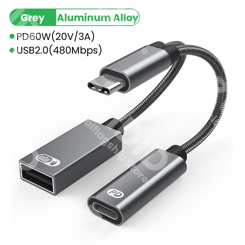 Adaptador Cable Carga USB-C OTG 2-en-1 PD 60W + USB 2.0 Data Converter para iPad Pro/Samsung/Huawei/Xiaomi/Laptop/Tablet