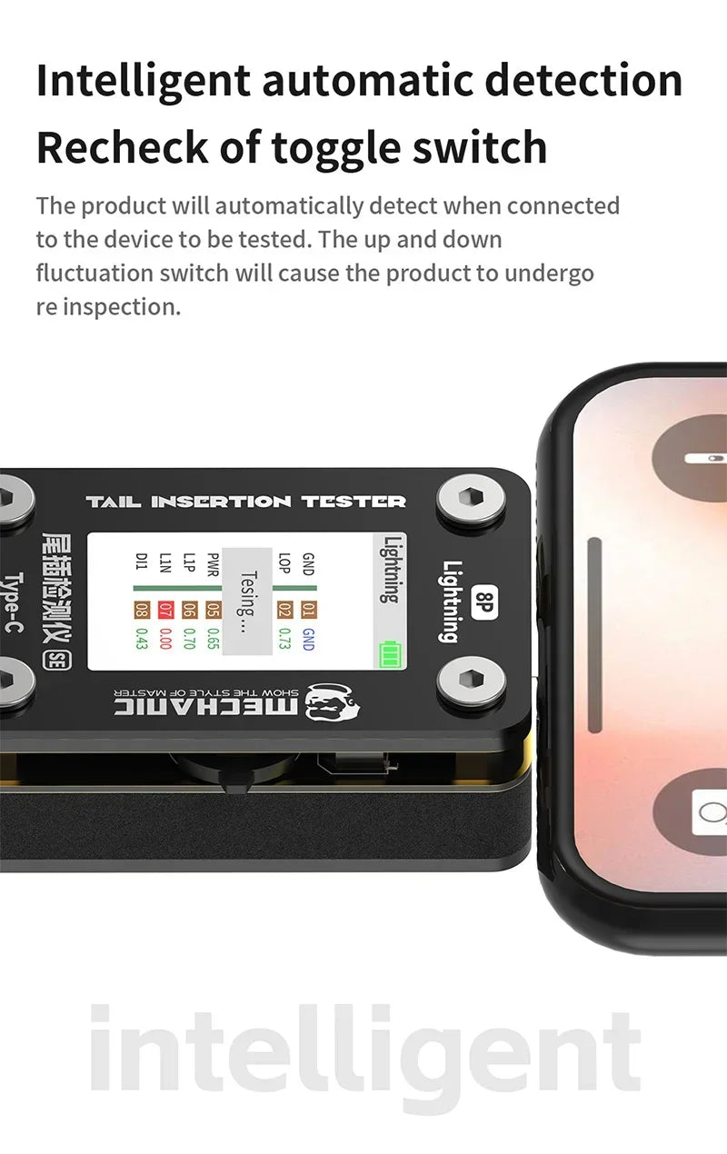 Tester Inserción Trasera Mechanic T-824 / T824-SE - Detector Interfaz Tipo-C/Lightning para Reparación Móvil
