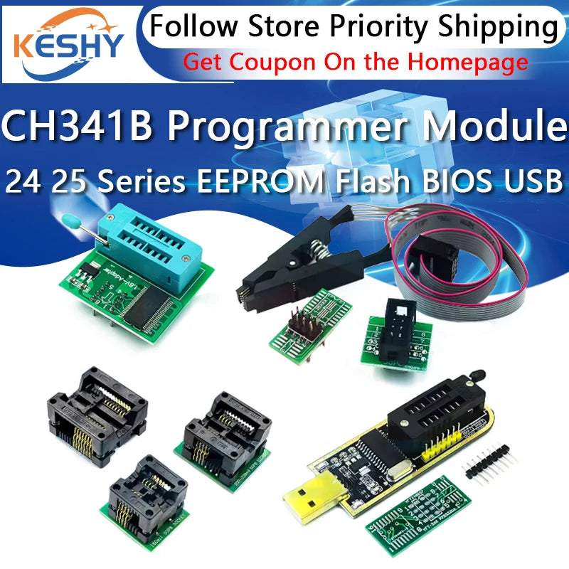 Kit Programador USB CH341B 24/25 Series EEPROM Flash BIOS + Clip Test SOIC8/SOP8