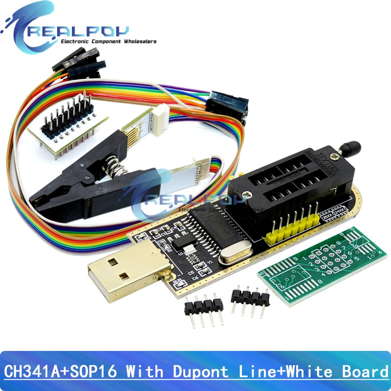 Kit Programador USB CH341A 24/25 Series EEPROM Flash BIOS + Clip Test SOP16/SOIC16 para RT809F/TL866