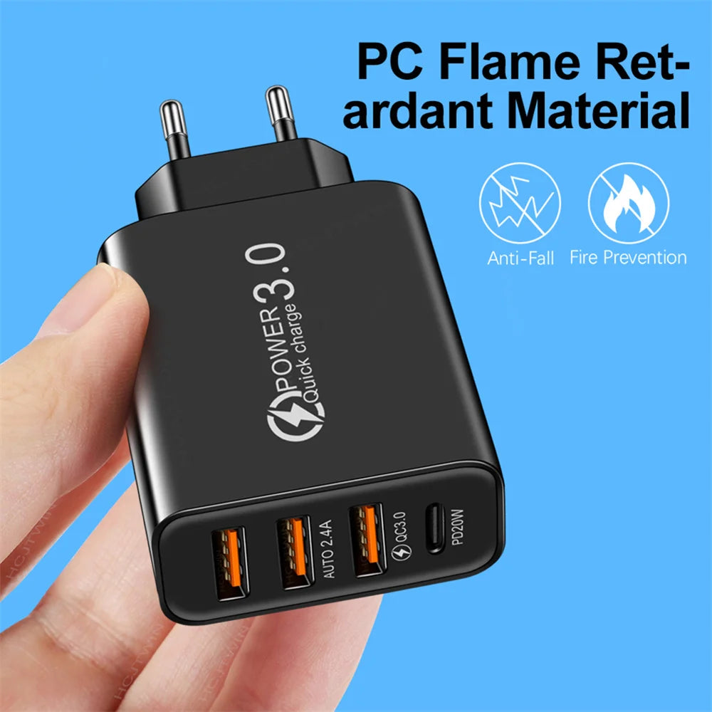 Cargador Rápido USB Tipo C 4 Puertos (QC 3.0, PD) Adaptador Corriente para Móvil iPhone/Samsung/Xiaomi (Negro)