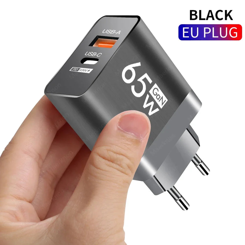 Cargador Pared USB PD GaN 65W Doble Puerto (Tipo C + USB QC3.0) Adaptador Carga Rápida Móvil para iPhone/Samsung/Xiaomi