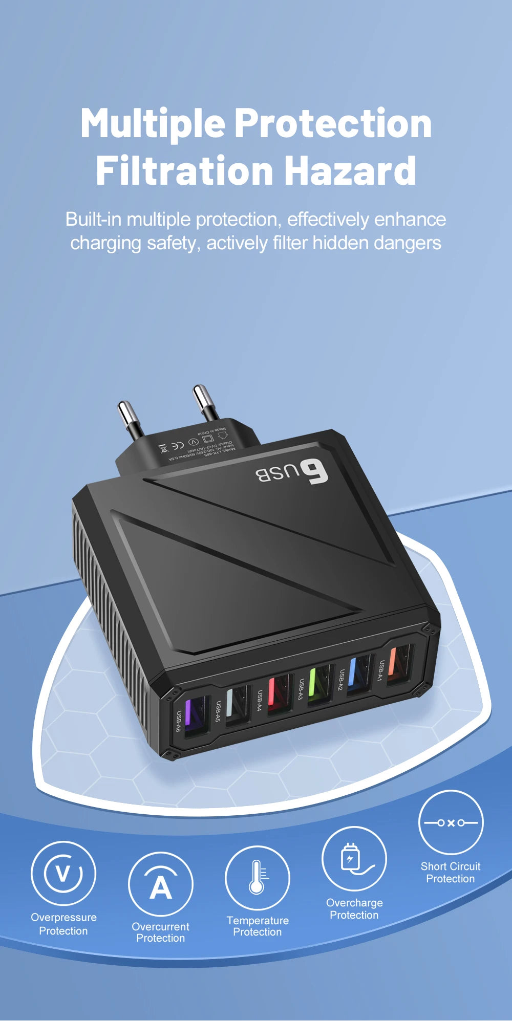 Cargador Pared USB 6 Puertos 3.1A Carga Rápida Adaptador Móvil para iPhone/Samsung/Xiaomi/Huawei
