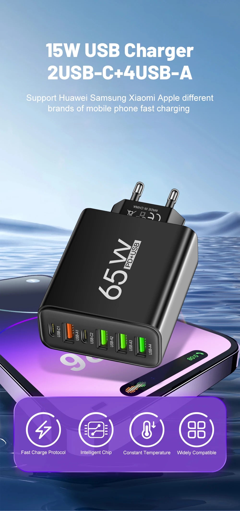 Cargador Pared Rápido USB-C 65W (6 Puertos) para iPhone 14/15 Pro Max, Samsung S23, Xiaomi 14