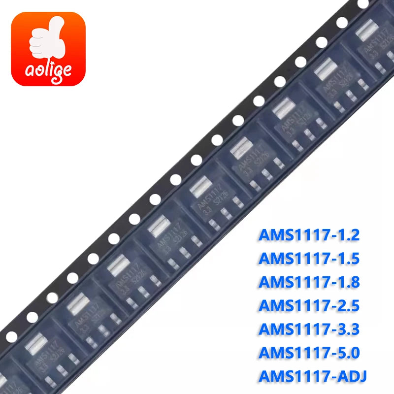 Regulador Voltaje Lineal LDO AMS1117 SMD SOT-223 - Varios Voltajes (1.2V a 5.0V y ADJ) - Lote 10 Piezas