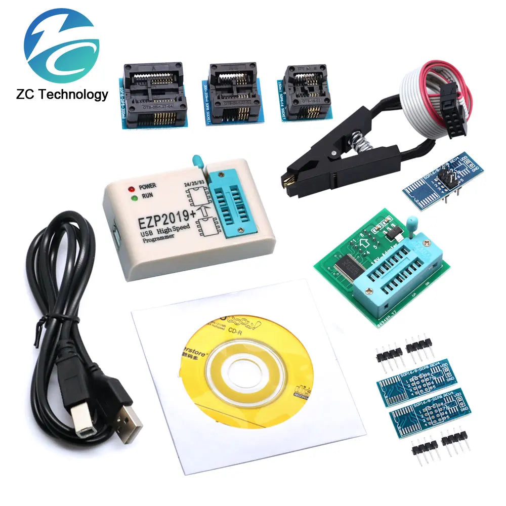 Kit Programador USB SPI Alta Velocidad EZP2019 (Última Versión) Full Set con Adaptadores Socket para EEPROM 24/25/93, Flash 25 BIOS Chip