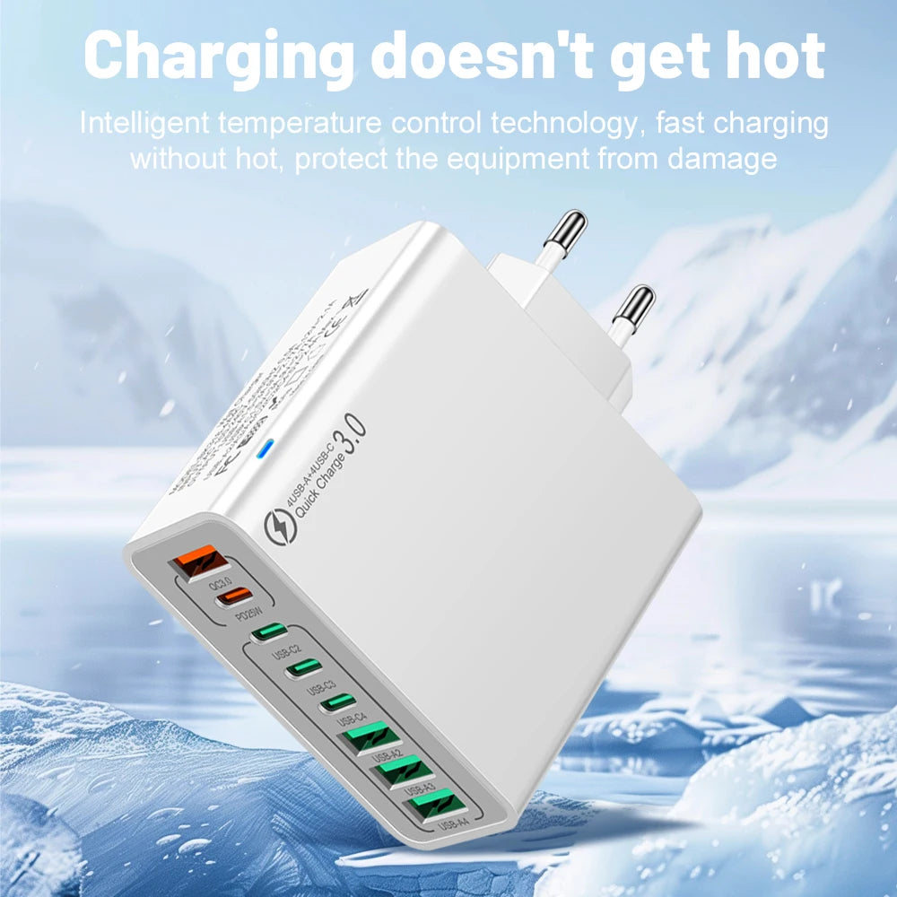 Cargador Pared USB 8 Puertos (Total 65W) Carga Rápida (PD Tipo C, QC 3.0) Adaptador para iPhone 14/15 Pro Max/Xiaomi/Samsung