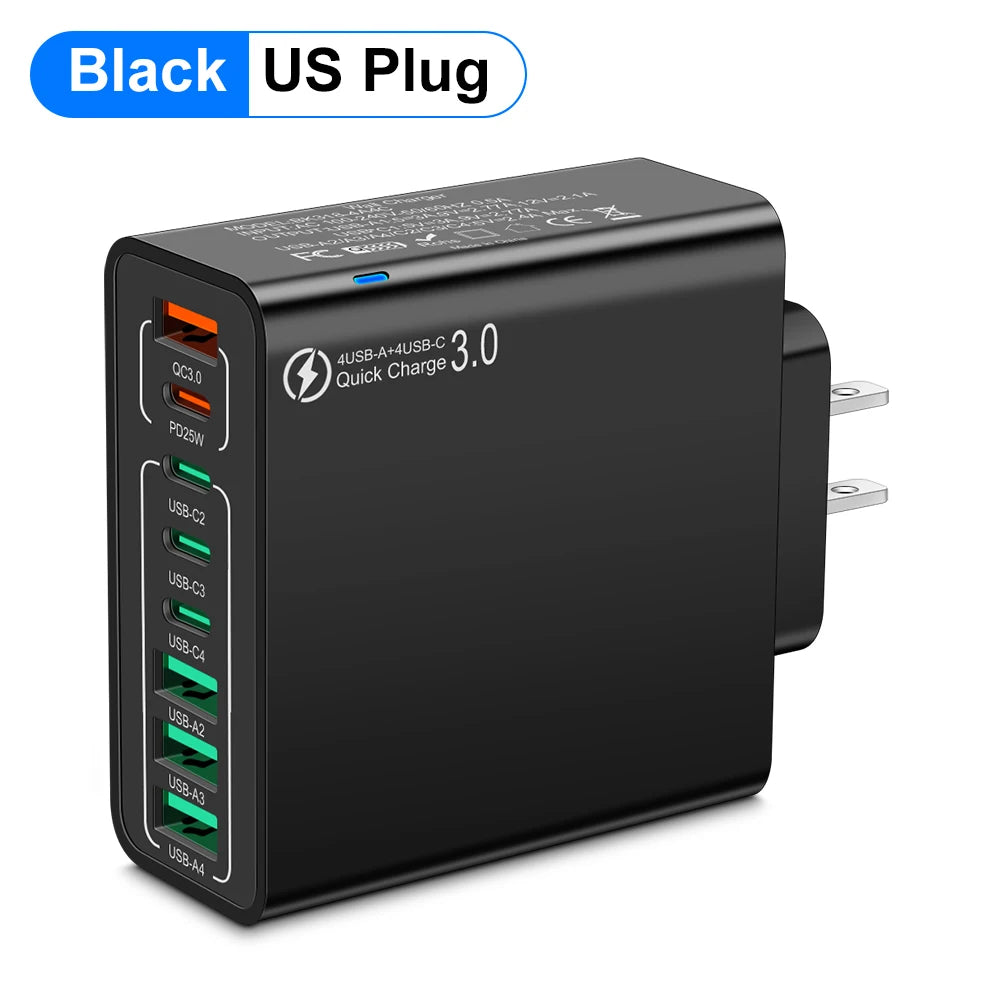 Cargador Pared USB 8 Puertos (Total 65W) Carga Rápida (PD Tipo C, QC 3.0) Adaptador para iPhone 14/15 Pro Max/Xiaomi/Samsung