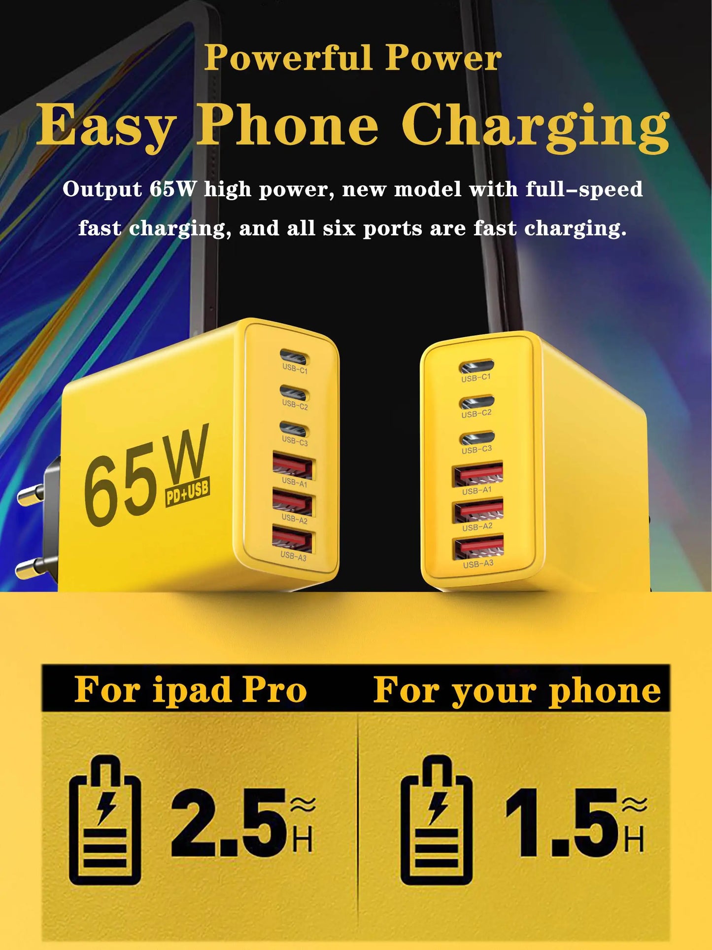 Cargador Pared USB C Múltiple 6 Puertos 65W Carga Rápida Total PD Adaptador Móvil para iPhone 15/16 Pro/Xiaomi/Samsung