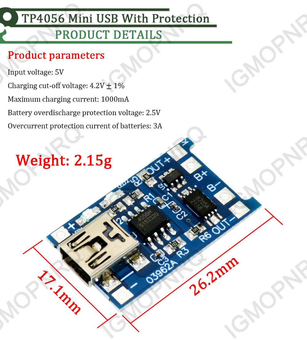 Lote 5 Pcs Módulo Cargador Batería Litio 18650 TP4056 Micro USB 5V 1A con Protección Dual