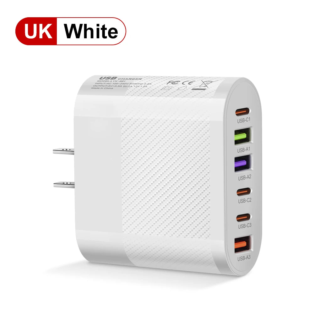 Cargador Pared USB C Múltiple 6 Puertos 65W Carga Rápida PD Adaptador Móvil para iPhone 14/15 Pro/Xiaomi/Samsung/Oneplus
