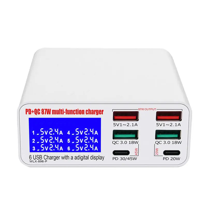 Hub Cargador USB 6 Puertos Carga Rápida con Pantalla LED (Voltaje/Corriente)