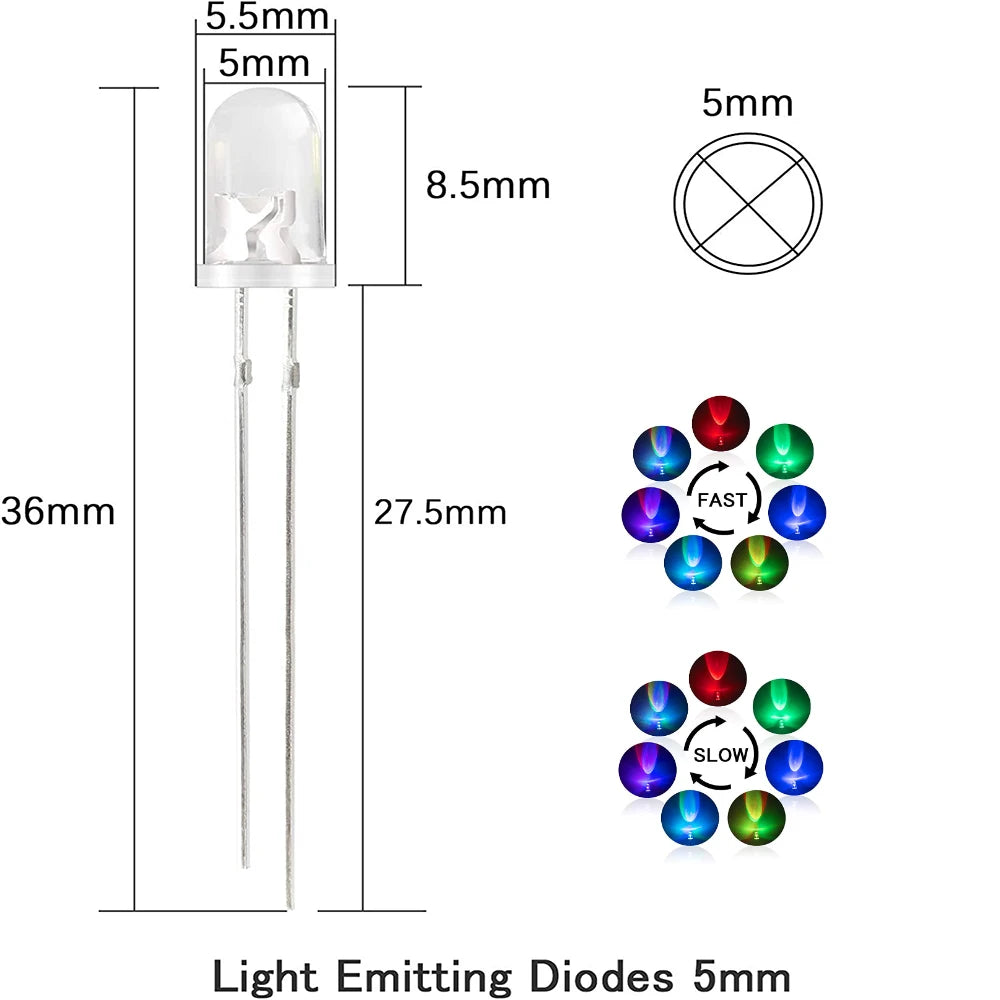 Diodo LED 5mm Multicolor Intermitente Lento/Rápido (2 Pines, Lente Redonda Transparente) Kit Electrónico (100 Unidades)