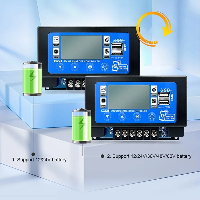Controlador Carga Solar MPPT 30A/60A 12V/24V LCD Display Bluetooth/WiFi Snap-On Almacenamiento Energía